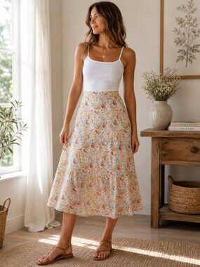 Melloday NWT Floral Midi Skirt Pastel Watercolor Ruffle Hem skirt small